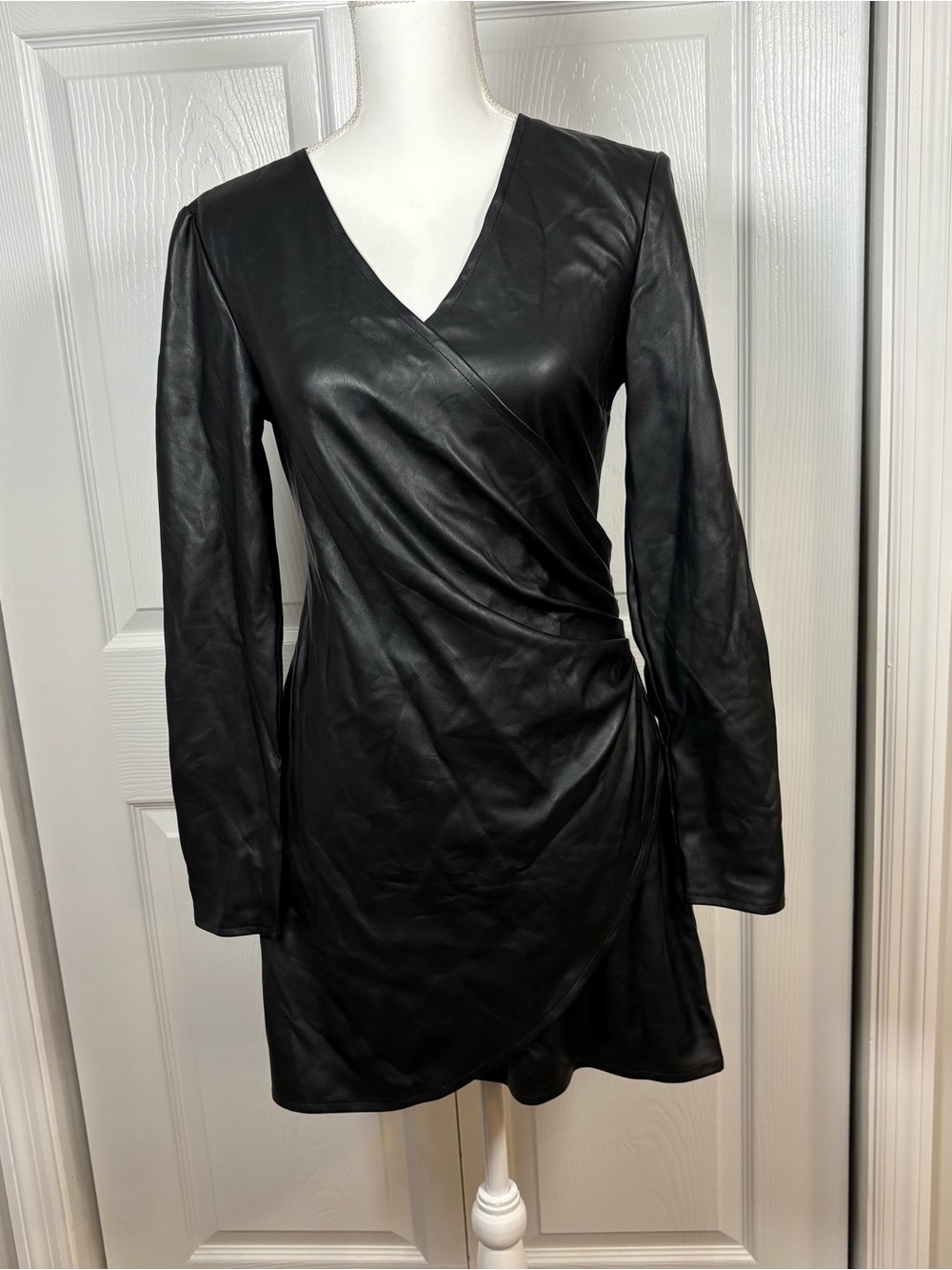 Steve Madden Black Faux Leather Moto Goth Ruched Mini Dress S